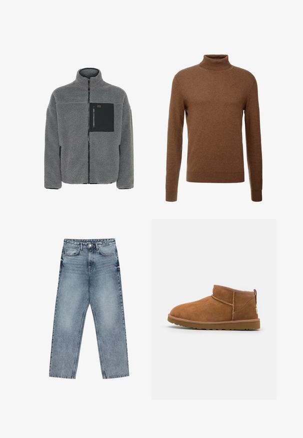 Giacca in felpa grigia con colletto alto, chiusura frontale a zip e tasca sul petto nera. Presenta un tessuto morbido e testurizzato e polsini a coste.; Maglione dolcevita marrone realizzato in tessuto morbido, con maniche lunghe, polsini a coste e un design aderente senza motivi visibili.; Jeans in denim azzurro chiaro con taglio a gamba dritta, cuciture visibili, design a cinque tasche e chiusura a bottoni in vita.; Stivaletto in camoscio color tan con punta rotonda, dettagli di cucitura discreti e suola in gomma texture. Altezza ridotta senza lacci.