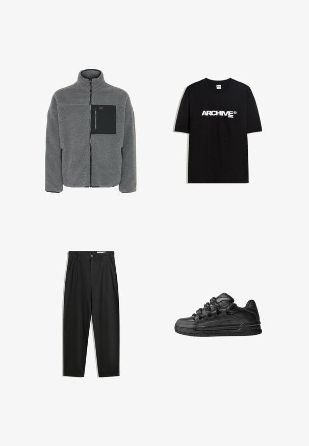 Gray fleece jacket with a high collar, front zip closure, and black chest pocket. Features a soft, textured fabric and ribbed cuffs.; Black cotton T-shirt featuring a white "ARCHIVE inc." logo across the chest, short sleeves, and a crew neckline.; Black cotton trousers with a relaxed fit, featuring a classic waistband, front pleats, and side pockets. Smooth texture without patterns.; Black sneakers with a smooth leather upper, textured accents, and round black and white laces. Thick rubber sole with a patterned tread.