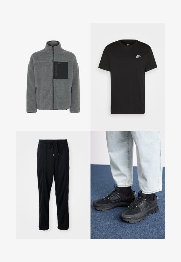 Giacca in felpa grigia con colletto alto, chiusura frontale a zip e tasca sul petto nera. Presenta un tessuto morbido e testurizzato e polsini a coste.; T-shirt in cotone nero con maniche corte, colletto rotondo e un piccolo logo Nike bianco sull'upper sinistra del petto. Texture liscia. Taglio classico.; Pantaloni casual neri con elastico in vita, tasche laterali e taglio dritto su uno sfondo uniforme.; Scarpe sportive nere con tessuto testurizzato e suole in gomma, dotate di lacci elastici e un accento blu sul tallone. Indossate con pantaloni in denim chiaro.