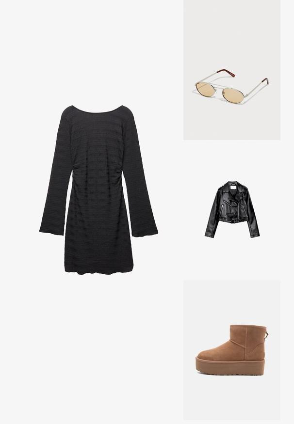Veste de biker en cuir noir, courte, avec fermeture éclair frontale asymétrique, boutons à pression et quatre zips. Caractéristiques d'une ceinture ajustable à la taille.; Robe noire avec de longues manches évasées, tissu texturé avec des rayures horizontales, encolure ronde et détails froncés sur le côté.; Bottine en suède tan avec une semelle plate-forme, un bout arrondi et des accents de couture ; elle est dotée d'une languette à l'arrière pour un enfilage facile.; Lunettes de soleil en métal avec des verres ovales teintés de brun clair. Monture fine en argent avec des accents texturés et des embouts brunrouge sur les branches.