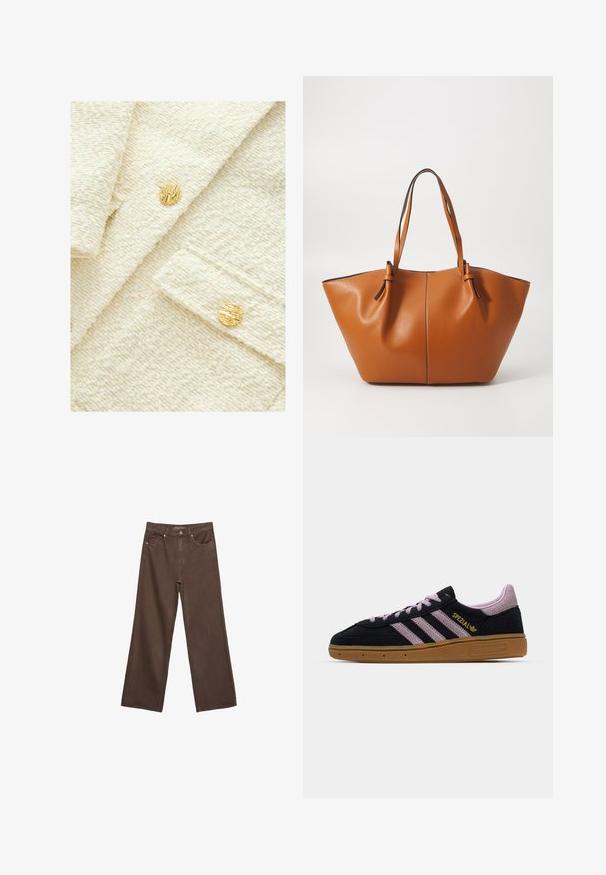 Tessuto crema texturizzato con un aspetto morbido e peloso, caratterizzato da due bottoni rotondi dorati con un design distintivo a righe.; Top senza maniche di colore bianco realizzato in tessuto testurizzato. Presenta un collo a barchetta e un dettaglio di laccatura frontale con lacci morbidi. Orlo arricciato.; Jeans a gamba larga marroni in denim, con vita alta, tasche anteriori e chiusura a bottone classica. Tessuto liscio con cuciture sottili.; Sneaker in suede nera e rosa con suola in gomma, tre strisce rosa, branding dorato "SPEZIAL" e suola in gomma testurizzata. Design basso.; Borsa a tote in pelle marrone con una forma ampia e angolare; presenta due manici lunghi e cuciture a contrasto lungo i bordi.