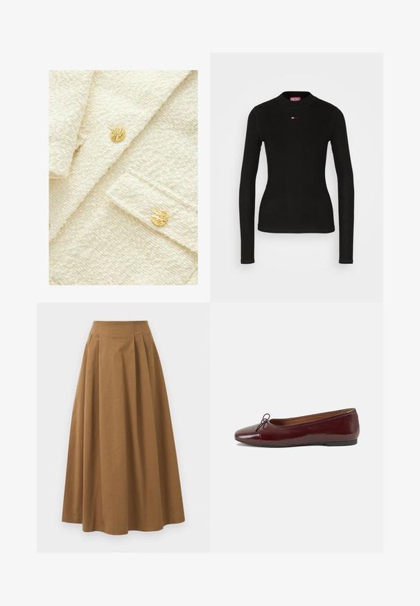Gestructureerde crème stof met een zachte, pluche uitstraling, voorzien van twee ronde gouden knopen met een uitgesproken, geribbelde structuur.; Zwart lang mouwen top gemaakt van ribbelstof, met een ronde hals en een klein rood Diesel-logo geborduurd op de borst.; Bruine katoen A-lijn rok met een hoge taille, voorzien van plooien aan de voorkant en een gladde textuur. De zoomafwerking is schoon en eenvoudig.; Bordeaux gepatenteerd lederen ballerina met een ronde neus, een klein strikaccent aan de voorkant en een lage, zwarte rubberen zool. Glad textuur.