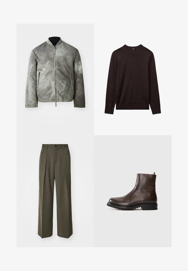 Harmaa pommittaja takki, jossa on matta pintakäsittely, seisoma-kaulus, vetoketju ja kaksi sivutaskua. Kankaan pinta on teksturoitu ja siinä on heikosti kuvioitu pinta.; Reiss Neule - dark bordeaux; Filippa K WIDE TROUSERS - Housut - driftwood; Ruskea nahkainen nilkkasaapas, jossa on sileä pinta, joustavat sivupaneelit, vetotuli takana ja kestävä kumipohja.