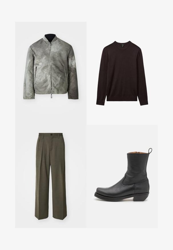 Pelēks bombers jakas ar matētu apdari, ar stāvošu apkakli, ar rāvējslēdzēju un divām sānu kabatām. Audumam ir strukturēta, nedaudz rakstaina virsma.; Reiss Džemperis - dark bordeaux; Filippa K WIDE TROUSERS - Auduma bikses - driftwood; Melna ādas potītes zābaks ar gludu tekstūru, šauru profilu, sānu šuvēm un zemu kvadrātveida papēdi. Aiz muguras ir pievilkšanas cilpa.