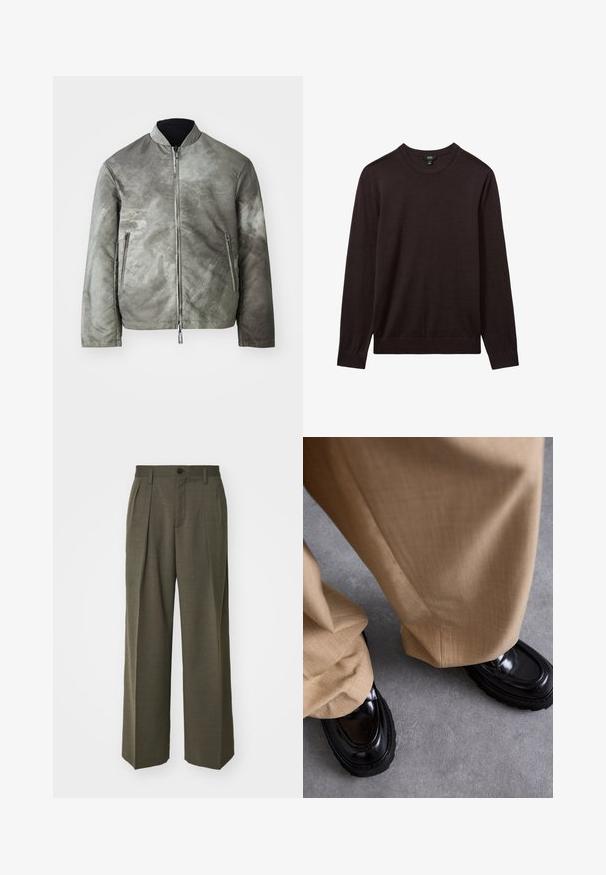 Grijze bomberjack met een matte afwerking, voorzien van een opstaande kraag, ritsluiting en twee zijzakken. De stof heeft een gestructureerd, licht gemusterd oppervlak.; Reiss Trui - dark bordeaux; Filippa K WIDE TROUSERS - Broek - driftwood; Beige broek met een gestructureerde afwerking, gecombineerd met glanzende zwarte loafers met een dikke zool en accentstiksels.