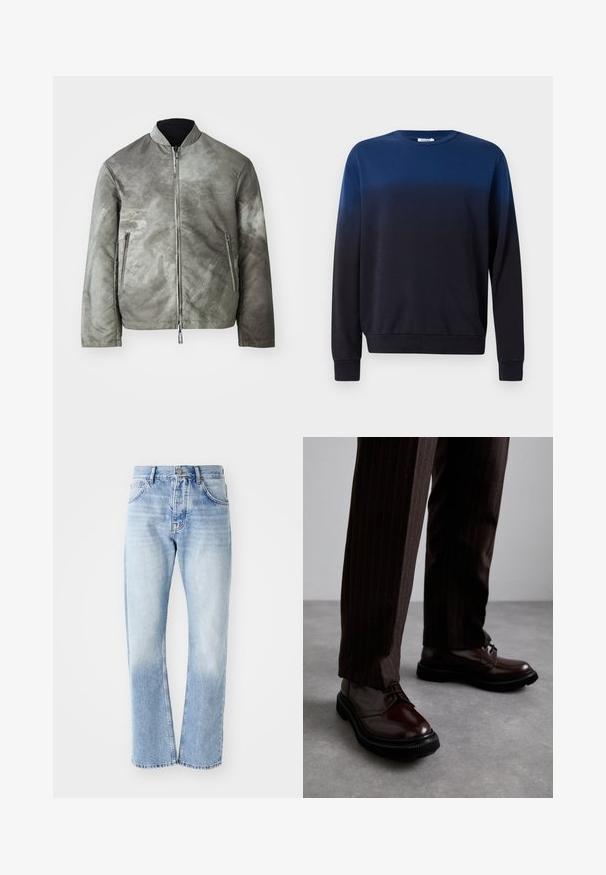 Gray bomber jacket with a matte finish, featuring a stand collar, zip closure, and two side pockets. The fabric has a textured, faintly patterned surface.; Blue to black ombre sweatshirt, crew neckline, long sleeves, soft fabric, ribbed cuffs and hem, minimalistic design without patterns or accents.; Light blue denim jeans with a straight-leg cut. Features a five-pocket design, button fly, and faded texture towards the bottom.; Brown leather lace-up shoes with a glossy finish, black rubber sole, and subtle stitching. Worn with pinstriped brown trousers.