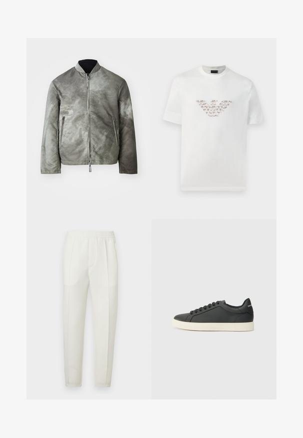 Siva bomber jakna z mat površino, z visokim ovratnikom, zadrgo in dvema stranskima žepoma. Tkanina ima teksturirano, rahlo vzorčasto površino.; Bela bombažna majica s kratkimi rokavi in okroglo izrezom. Ima osrednji logotip v rožnati in rjavi barvi.; Bele oprijete hlače z elastičnim pasom, z dvema stranskima žepoma in gladko, rahlo sijočo teksturo.; Črne usnjene superge z nizkim profilom, okroglo špičko in vezalkami; vsebujejo teksturiran gumijast podplat in detajl z logotipom na peti.