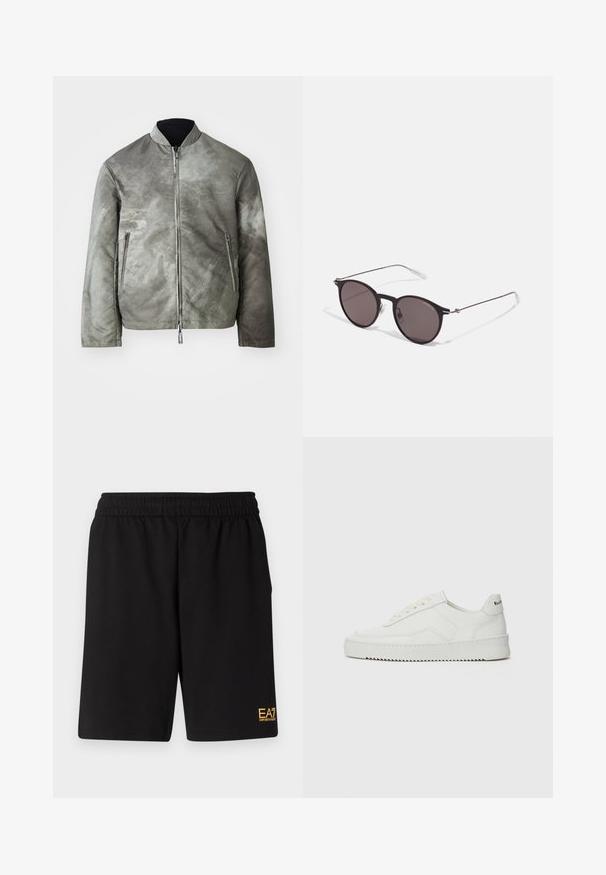 Grå bomberjacka med matt finish, featuring en ståkrage, dragkedjestängning och två sidofickor. Tyget har en texturerad, svagt mönstrad yta.; Svart bomull T-shirt med rund halsringning, korta ärmar och "EMPORIO ARMANI" logotyp i vitt ovanför "Milano" i en rundad design.; Svarta träningsshorts i mjukt tyg, med ett elastiskt midjeband och en liten gul EA7-logotyp på nedre vänstra benet.; Vita lädersneakers med en jämn yta, rund tå, platta snörningar och en strukturerad sula. Har en diskret logotyp på hälen.; Svarta runda solglasögon med mörka linser och smala metallarmar. Inkluderar klara tempeltips och silverdetaljer vid gångjärnet. Minimalistisk design.
