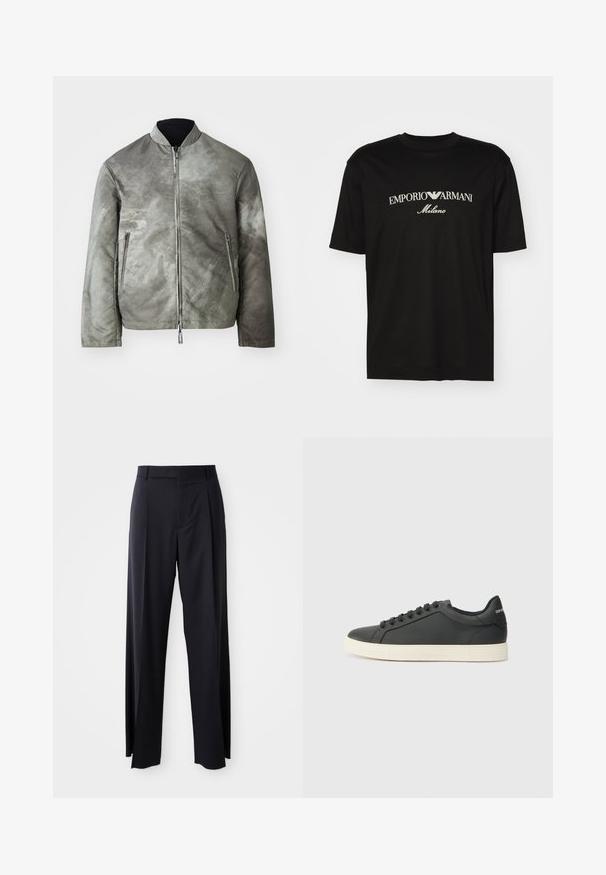 Pelēks bombers jakas ar matētu apdari, ar stāvošu apkakli, ar rāvējslēdzēju un divām sānu kabatām. Audumam ir strukturēta, nedaudz rakstaina virsma.; Melnā kokvilnas T-kreklu ar apaļu kakla izgriezumu, īsām piedurknēm un balto "EMPORIO ARMANI" logotipu virs vārda "Milano" izliektā dizainā.; Melnas, augstās vidukļa bikses ar platām kājām, izgatavotas no gludas auduma. Iezīmē priekšējās krokas un jostas cilpas. Minimalistisks dizains, bez redzamām detaļām.; Melna ādas kedas ar zemu profilu, noapaļotu purngalu un savelkamu aizdari; ar teksturētu gumijas zoli un logotipa detaļu uz papēža.