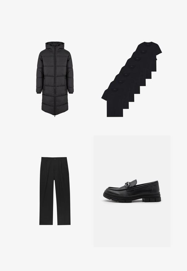 Crni pamučni dugi kaput s patentnim zatvaračem, kapuljačom i elastičnim manžetama; ima kviltanu teksturu i ravni kroj.; Set od osam crnih pamučnih majica s kratkim rukavima i okruglim izrezom, s jednostavnim dizajnom i mekanom teksturom.; Crne hlače ravnog kroja, izrađene od glatkog materijala. Imaju prednje nabore i jedan dugme na struku.; Crne kožne mokasine s zaobljenim vrhom, dekorativnom trakom i hardverom, te masivnom teksturiranom potplatom. Glatka površina s suptilnim detaljima.
