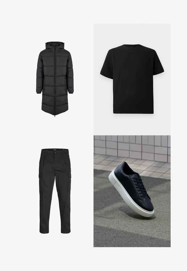 Cappotto lungo imbottito nero con chiusura a zip, cappuccio e polsini elasticizzati; presenta una texture trapuntata e un design dritto.; T-shirt corto nero a maniche corte realizzato in tessuto testurizzato, con scollatura rotonda e vestibilità comoda. Semplice, senza motivi o dettagli.; Pantaloni cargo neri realizzati in un tessuto resistente, dotati di molteplici tasche, chiusura con bottone e un design aderente con gambe affusolate.; Sneaker in pelle nera con punta arrotondata e suola in gomma bianca. Presenta lacci piatti e cuciture minime sulla parte superiore. Suola testurizzata per una migliore aderenza.