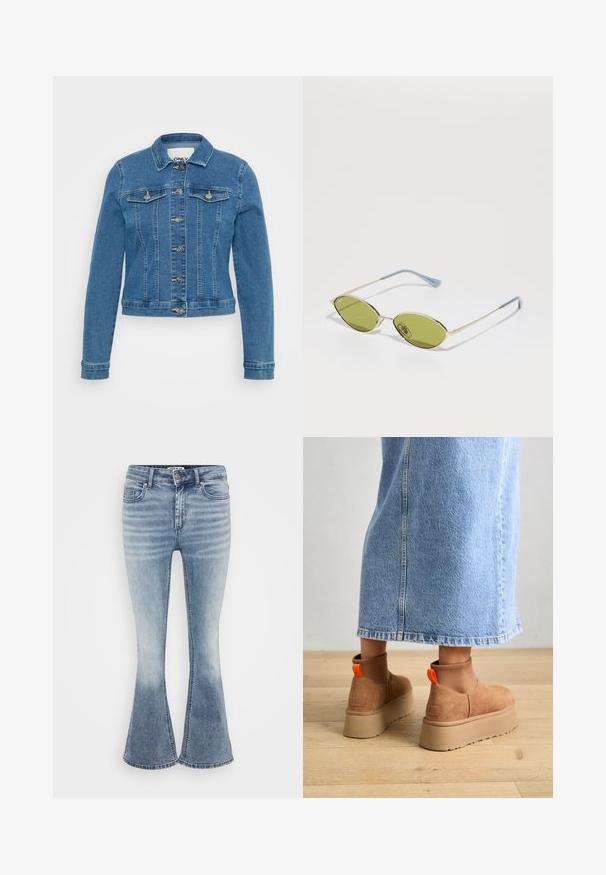 Denim jakna v svetlo modri barvi z oprijetim krojem, gumbnim zapiranjem, dvema prsoma žepoma in kontrastnim šivom. Ima dolge rokave in skrajšan rob.; Even&Odd Petite 3 PACK - Majica z dolgimi rokavi - black/white/light green; Svetlo modri razširjeni traper hlače s klasičnim petim žepom, z zadrgo spredaj in subtilnim zbledeljem vzdolž stegen.; Rjave suede platform čizme z elastičnimi stranskimi paneli in oranžnimi zankami, v kombinaciji s svetlobno denim krilom do kolen na lesenem tleh.; Olivnozeleni sončna očala z tankim zlatim okvirjem in modro obarvanimi ročaji. Ovalni leči in minimalističen dizajn.