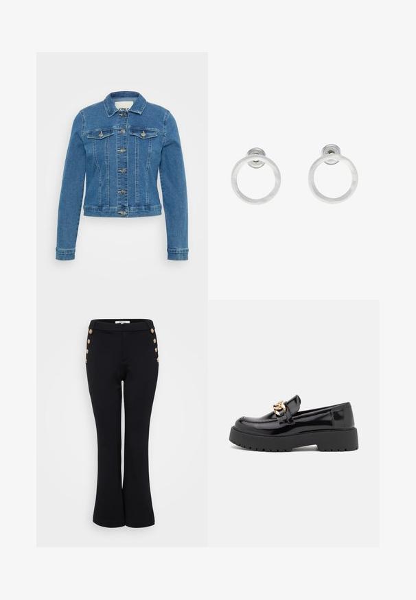 Denim jakna v svetlo modri barvi z oprijetim krojem, gumbnim zapiranjem, dvema prsoma žepoma in kontrastnim šivom. Ima dolge rokave in skrajšan rob.; Even&Odd Petite 2 PACK - Top - light grey/black; Črne razširjene hlače iz gladkega materiala, ki imajo zlate gumbne detajle ob pasu in oprijet silhueto.; Črni lakirani usnjeni loafers s debelim črnim podplatom in zlato kovinsko opremo. Gladka tekstura in zasnova zaokroženega nosu.; Srebrni kovinski obročasti uhani z brušenjem, s krožno obliko in prozornim zatičem za varno nošenje.