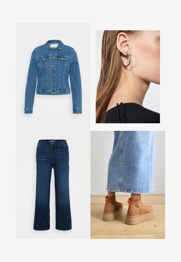 Gaiši zila džinsu jakas ar pieguļošu piegriezumu, pogu priekšpusi, divām krūšu kabatām un kontrastējošiem diegiem. Iespējas ar garām piedurknēm un īsu apakšmalu.; Even&Odd Petite 2 PACK - Tops - light grey/black; ONLY Petite ONLMADISON BLUSH WIDE - Džinsi ar platām starām - dark blue denim; Brūni zamšādas platforma zābaki ar elastīgiem sānu paneļiem un oranžām cilpām, apvienoti ar līdz ceļgaliem garu gaišā denima svārku uz koka grīdas.; Sudraba auskars ar pulētu apdari, ar maziem zelta akcentiem un apaļu formu, uz ausu ļipiņas.