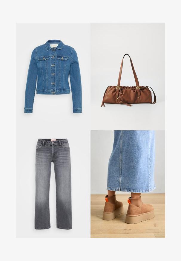 Lett blå denimjakke med en tettsittende design, knappestolpe foran, to brystlommer og kontrastsøm. Har lange ermer og en cropped nederkant.; Even&Odd Petite 2 PACK - Topper - light grey/black; Grå denimjeans med rett ben-design, fem-lomme stil, subtil falming, og knappelukking i midjen.; Brune semska plattformstøvler med elastiske sidepaneler og orange rekkehalser, parret med en knelange lys denimskjørt på et tregulv.; Brun skinnveske med samlet topp, justerbare stropper og metallelementer. Har en rund flettet detalj på siden.; Sølv ringøredob med en polert finish, med små gull detaljer og en rund form, båret på øreflippen.