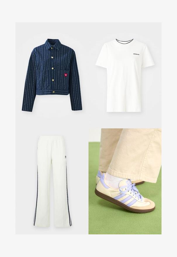 Marineblauwe denimjacket met witte verticale strepen en kleine hartpatronen. Heeft een kraag, knoopsluiting en twee voorzakken.; Witte katoenen t-shirt met korte mouwen en een ronde halslijn. Heeft een zwart Adidas-logo op de borst en een contrasterende zwarte binnenkraag.; Lichtcrèmekleurige, kabelgebreide broek met een uitlopende pasvorm. Voorzien van donkerblauwe zijstrepen en een Adidas-logo op de heup. Elastische tailleband.; Crème- en lavendel-sneakers met drie strepen en een gestructureerde bruine zool, voorzien van veters en een gewatteerde hiel. Zachte stoffen bovenkant.