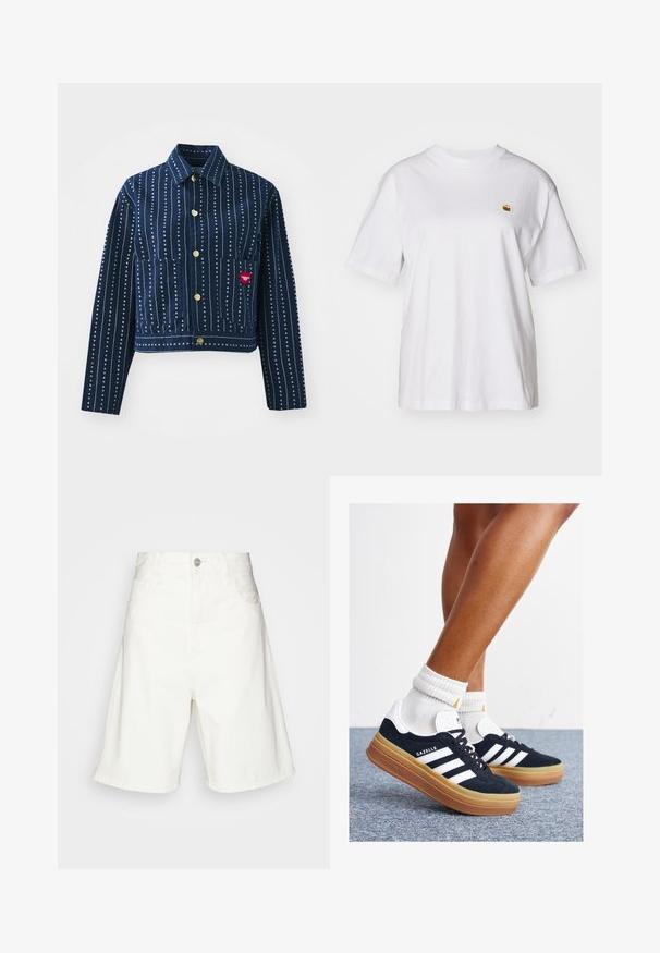 Chaqueta de mezclilla azul marino con rayas verticales blancas y pequeños patrones de corazones. Presenta un cuello de solapa, cierre de botones y dos bolsillos delanteros.; Camisa de algodón blanca con corte relajado, mangas cortas y un pequeño logotipo bordado en el área del pecho izquierdo.; Shorts de mezclilla blanca con una cintura alta, que cuentan con un cierre de botón frontal, dos bolsillos laterales y un ajuste relajado. Textura suave sin patrones visibles.; Zapatillas deportivas de gamuza negra con rayas y detalles blancos, puntera redondeada, suela de goma color caramelo, combinadas con calcetines blancos acanalados a la altura del tobillo.