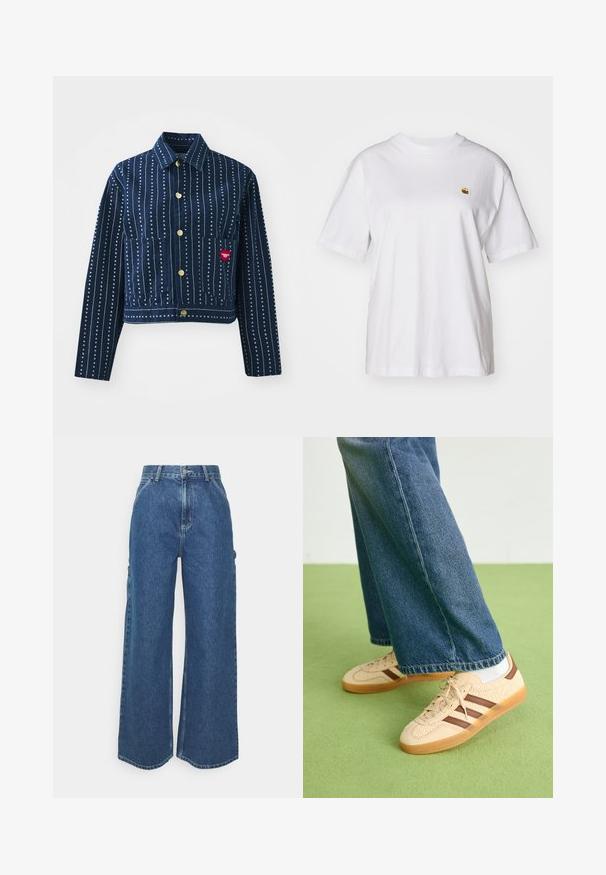 Námornícky modrá džínová bunda s bielymi vertikálnymi pruhmi a malými srdiečkovými vzormi. Obsahuje golier, zapínanie na gombíky a dve predné vrecká.; Biely bavlnený tričko s voľným strihom, krátkymi rukávmi a malým vyšitým logom na ľavej strane hrude.; Dlhé modré džínsy so širokými nohavicami a vysokým pásom, s kontrastným prešívaním a bočnými vreckami, s klasickým dizajnom piatich vreciek a surovými lemami.; Béžové tenisky s textúrovanými krémovými panelmi a hnedými pruhmi, skombinované s modrými džínsami. Džínsy majú široké nohavice a roztrhnutý lem.