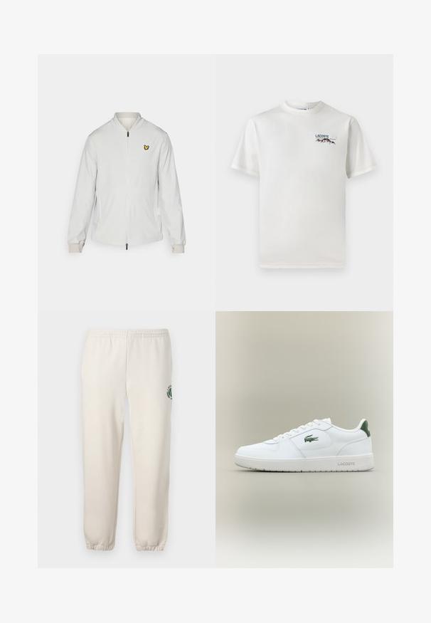 Witte zip-up jas met een opstaande kraag, twee zijzakken en een klein geel logo op de linkerborst. Zachte, gladde stoftextuur.; Witte katoenen T-shirt met een ronde hals, korte mouwen en een klein geborduurd logo met bergen en tekst op de linkerborst.; Lichtbeige sweatpants van katoen, met een elastische tailleband, geribde boorden en een groen logo met een bladerenontwerp op het linkerpand.; Witte leren sneaker met een gladde afwerking, groene accenten op de hak en een groen logo aan de zijkant. Beschikt over een platte zool en een ronde neus.