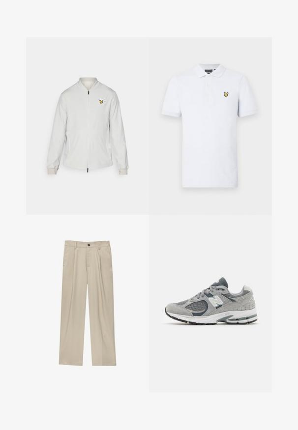 Weißer Zip-Jacket mit Stehkragen, zwei seitlichen Taschen und einem kleinen gelben Logo auf der linken Brust. Weicher, glatter Stoff.; Weißes Poloshirt aus Baumwolle. Mit Kragen, drei Knöpfen und einem gelben, gestickten Logo auf der linken Brust. Kurzärmlig.; Beige Hosen mit geradem Schnitt, ausgestattet mit einem einzelnen schwarzen Knopf, Gürtelschlaufen und Seitentaschen. Glatte Stofftextur und minimalistisches Design.; Graue Sneakers aus Mesh- und Wildledermaterialien, mit einem weißen Logo, gepolsterter Knöchelpartie und strukturiertem Gummisohle. Akzente in dunklerem Grau.