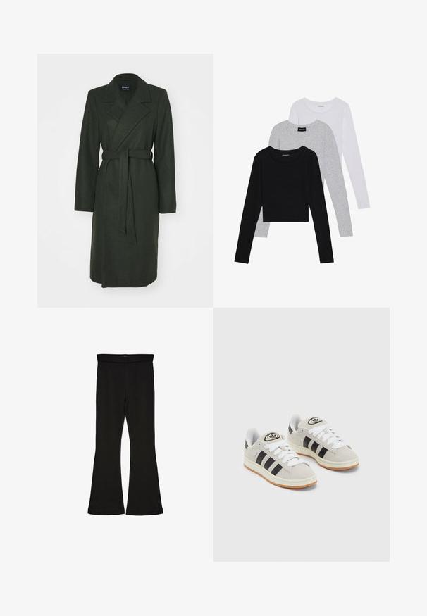 Musta vihreä, pitkä villasekoiteviitta, jossa on kietaisusuunnittelu, suuret kaulukset ja vyötärösolki. Ominaisuuksiin kuuluvat pitkät hihet ja sileä pinta.; Kolme pitkähihasta paita päällekkäin: musta, harmaa ja valkoinen. Jokaisessa on pyöreä pääntie ja lyhennetty muotoilu, jossa on sileä ja kevyt kangas.; Mustat leveät legginsit, jotka on valmistettu joustavasta kankaasta. Niissä on leveä vyötärö ja sileä pinta, sekä vartalonmyötäinen leikkaus, joka levenee helmassa.; Harmaat mokkasiinikenkä, joissa on valkoiset nauhat, mustat raidat ja valkoinen kumipohja. Kantajassa on pyöreä logo ja vaaleanruskea pohja.