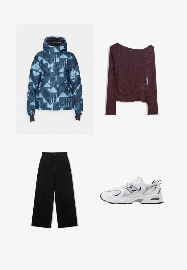 Blå mönstrad puffjacka med geometriska mönster, huva, ribbade ärmslut och två dragkedjefickor. Tillverkad av ett texturerat, isolerande material.; Spetsblus med långa ärmar i djup bordeaux, med en off-shoulder design, blommönster och en något genomskinlig textur med en rak nederkant.; Svarta vida jeans av denim med hög midja, med en femficksdesign och en enkel knappstängning framtill.; Vit sportskor med överdel i mesh, marinblå accenter och dämpad sula. Har "N"-logotyp, snörning och texturerad detalj på sidan.