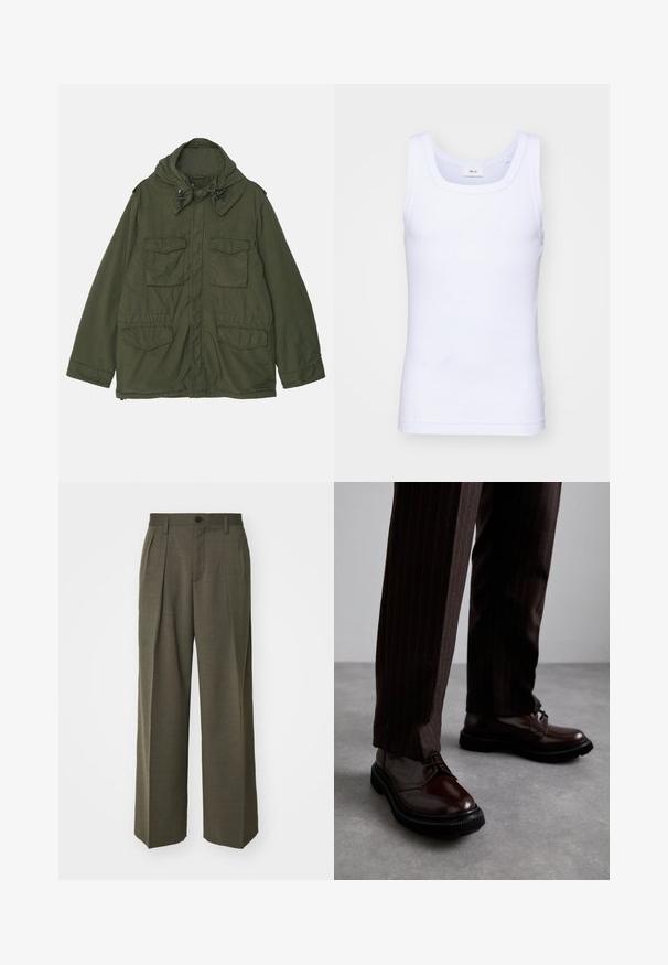 ASPESI NEW CAMP - Parka - green; Débardeur sans manches en coton blanc avec un col rond, présentant une texture lisse et une coupe ajustée, conçu pour un usage décontracté.; Filippa K WIDE TROUSERS - Pantalon classique - driftwood; Chaussures en cuir marron à lacets avec une finition brillante, semelle en caoutchouc noire et coutures discrètes. Portées avec un pantalon marron à rayures.
