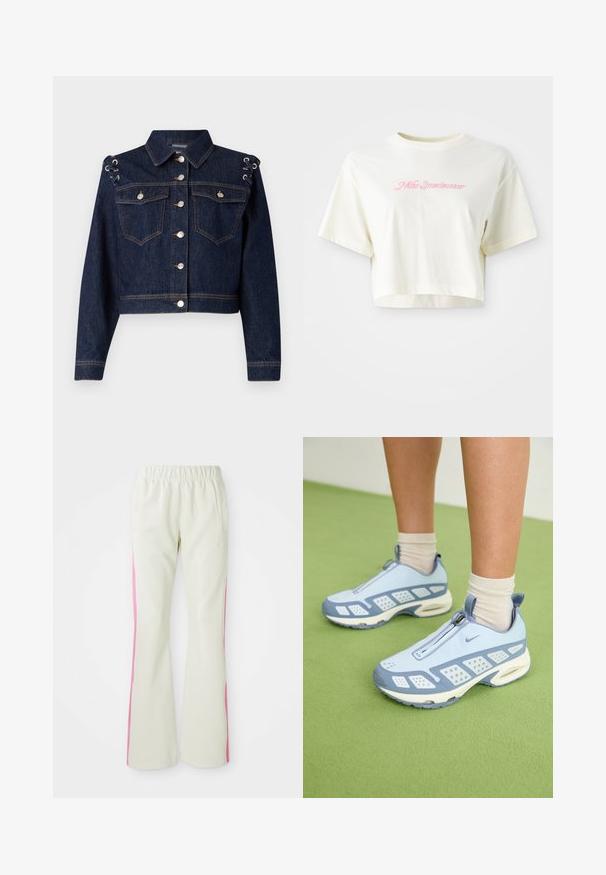 Sötét kék farmerdzseki, rövidített fazonnal, ezüst gombokkal, két mellzsebbel és fűzős díszítéssel a vállakon.; Rövid ujjú, krém színű, pamutból készült póló. A bal mellrészen rózsaszín hímezett logó található, amelyen a "Nike Sportwear" felirat olvasható. Kerek nyakú.; Világos bézs színű nadrág, elasztikus derékrésszel, rózsaszín oldalsávokkal és oldalzsebekkel. Sima felület, egyenes lábdesign.; Világoskék sportcipők fehér díszítéssel, texturált panelek és cipzáras záródás. Jellemzője a látható légpárnás talp és a gumitalp.