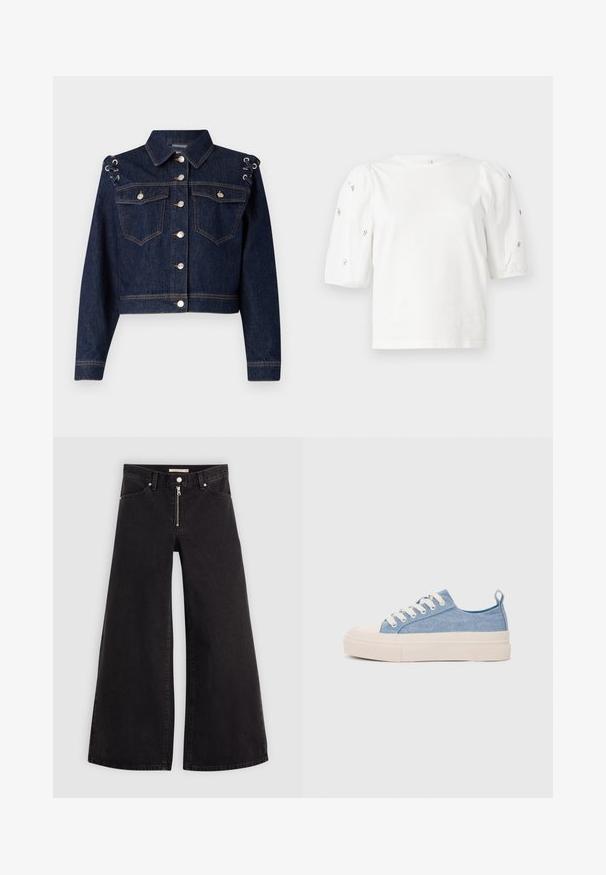 Tumši zila džinsu jaka ar saīsinātu dizainu, sudraba pogām, divām krūšu kabatām un saistēm uz pleciem.; Balta kokvilnas t-kreklu ar īsām puff piedurknēm, ar nelieliem sudraba rotājumiem gar piedurknēm. Klasisks apaļš izgriezums, brīvā piegriezuma.; Platas kājas džinsi melnā džinsa audumā ar rāvējslēdzēju priekšā, piecu kabatu dizains un smalkas šuvju detaļas. Gluda tekstūra un ikdienišķs stils.; Gaiši zili kanvas sneakeri ar krēmkrāsas gumijas pirksta aizsargu un ārējo zoli, aprīkoti ar baltām šņorēm un cilpu uz papēža.