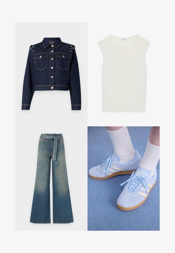 Dark blue denim jacket with a cropped design, silver buttons, two chest pockets, and lace-up detailing on the shoulders.; White sleeveless top with a round neckline. Made of smooth fabric, it features a relaxed fit and minimalist design. No patterns or accents.; Wide-leg denim trousers featuring a light to dark blue gradient, high waist, belt loops, and a matching fabric belt. Textured denim finish.; Light blue suede sneakers with white stripes, flat laces, and a gum rubber sole. Ribbed white socks are worn above the ankle.