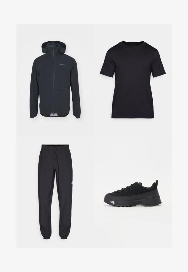 Giacca impermeabile nera con design aderente, cappuccio regolabile, zip frontale e tasca laterale. Texture liscia con dettagli di branding minimi.; Maglietta nera realizzata in tessuto liscio, con scollatura a girocollo e maniche corte. Logo discreto stampato in nero sul petto.; Pantaloni sportivi neri realizzati in tessuto leggero, con vita regolabile con cordino, tasche laterali e orli affusolati alle caviglie.; Sneaker da esterno nera con parte superiore in suede, suola in gomma testurizzata e robusto sistema di allacciatura. Presenta un tallone rinforzato e il logo del marchio sul lato.