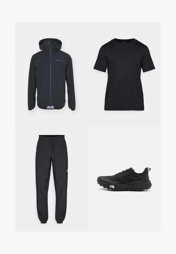 Schwarze wasserdichte Jacke mit taillierter Passform, verstellbarer Kapuze, Frontreißverschluss und Seitentasche. Glatte Textur mit minimalen Markenlogo-Details.; Schwarzes T-Shirt aus glattem Stoff mit Rundhalsausschnitt und kurzen Ärmeln. Dezente Markenlogo-Druck in Schwarz auf der Brust.; Schwarze Sporthosen aus leichtem Stoff, mit einem Kordelzugbund, seitlichen Taschen und schmal zulaufenden Bündchen an den Knöcheln.; Schwarzer Trailrunning-Schuh mit strukturiertem Obermaterial, Gummisohle und verstärkter Zehenkappe. Verfügt über einen gepolsterten Kragen und eine Ziehlasche für einfaches Anziehen.