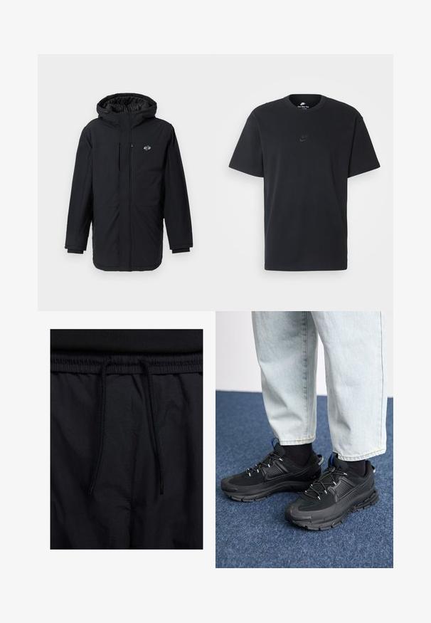 Casaco insulated preto com capuz, apresentando um fecho éclair frontal e bolsos laterais, feito de um tecido leve e suave. Logótipo no lado esquerdo do peito.; T-shirt de algodão preto da Nike com um clássico decote redondo, mangas curtas e um logótipo em relevo discreto no peito. Textura suave.; Calções pretos com um cós elástico ajustável, fabricados em tecido leve com uma textura suave e um design simples, sem logótipos ou padrões visíveis.; Sapatilhas desportivas pretas com tecido texturizado e solas em borracha, apresentando atacadores elásticos e um detalhe azul no calcanhar. Usadas com calças de ganga claras.