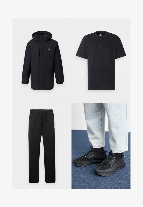 Melnā izolētā jakā ar kapuci, ar priekšējo rāvējslēdzēju un sānu kabatām, izgatavota no gludas, vieglas auduma. Logo kreisajā krūtīs.; Nike melns kokvilnas T-krekls ar klasisku piegriezumu, īsām piedurknēm un smalku, reljefu logotipu uz krūškurvja. Gluda tekstūra.; Melnas sporta bikses, izgatavotas no flīsa, ar elastīgu jostasviedi un auklām, diviem priekšējiem kabatām un nelielu logo uz augšstilba.; Melni sporta apavi ar strukturētu audumu un gumijas zoli, ar elastīgām auklām un zilu akcentu uz papēža. Nēsāti ar gaišām džinsu biksēm.