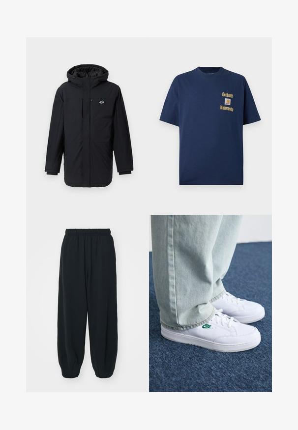 Μαύρο μπουφάν με μόνωση και κουκούλα, με μπροστινό φερμουάρ και πλευρικές τσέπες, φτιαγμένο από λείο, ελαφρύ ύφασμα. Λογότυπο στο αριστερό στήθος.; Σκούρο μπλε βαμβακερό T-shirt με κοντά μανίκια, με χρυσό κείμενο "Carhartt University" και λογότυπο ραμμένο στο αριστερό στήθος.; Μαύρες, φόρμες με ελαστική μέση και χαλαρή εφαρμογή, με ρεβέρ στους αστραγάλους, λεία υφή και χωρίς ορατά μοτίβα ή αξεσουάρ.; Λευκά δερμάτινα sneakers με πράσινο λογότυπο Nike, στρογγυλή μύτη, επίπεδη σόλα, συνδυασμένα με ανοιχτό μπλε τζην παντελόνι, τοποθετημένα σε μπλε χαλί.