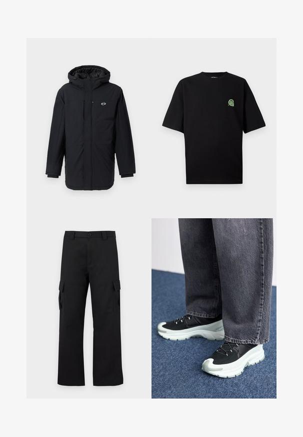 Chaqueta negra aislante con capucha, con cremallera frontal y bolsillos laterales, hecha de un tejido suave y ligero. Logo en el lado izquierdo del pecho.; Camiseta negra de manga corta hecha de algodón, con un logo verde en el lado izquierdo del pecho. Cuello redondo, corte relajado y textura suave.; Pantalones cargo negros con un diseño de pierna recta. Fabricados con un tejido duradero, cuentan con dos bolsillos laterales con cierres de solapa y una cremallera de botón.; Zapatillas deportivas negras con parte superior de tela texturizada, mediopie blanca, cordones negros y suela de goma, combinadas con jeans de pierna ancha grises.