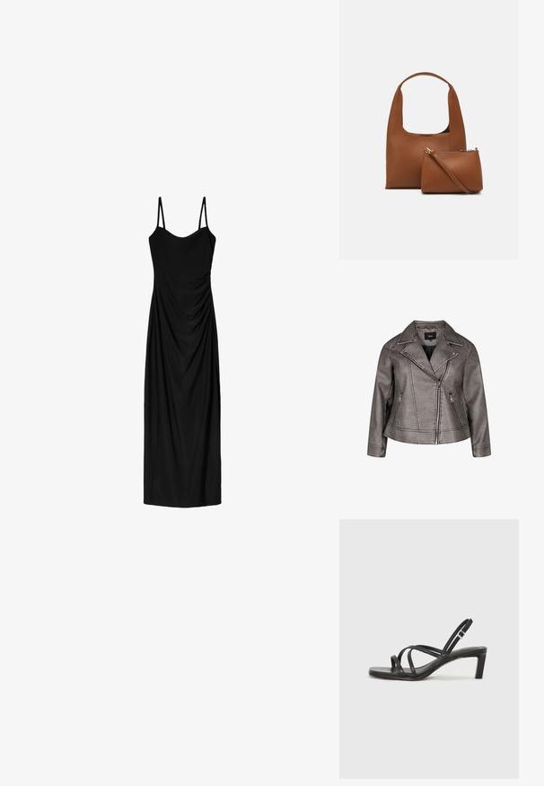 Siva umetna usnjena jakna z izrezanim ovratnikom, asimetrično zadrgo in žepi na straneh z zadrgo. Ima podrobno šivanje po celotni jakni.; Črna midi obleka z tankimi nastavljivimi naramnicami, z drapirano zasnovo in gladko teksturo. Brez vidnih vzorcev ali okrasnih elementov.; Črne natikače s trakovi in kvadratnim prstom ter nizkim blokastim peto. Imajo več tankih trakov in nastavljiv trak okoli gležnja. Narejene so iz gladkega usnja.; Rjava sintetična torbica z ukrivljenim ročajem in gladko teksturo. Vključuje ujemajočo se majhno torbico z zadrgo. Minimalističen dizajn.