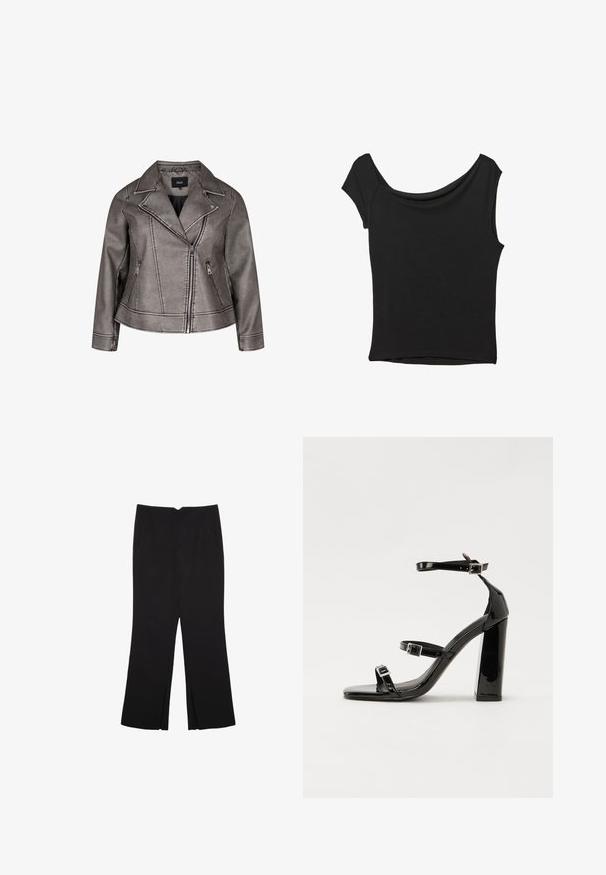 Giubbotto in finta pelle grigia con colletto a revers, chiusura con zip asimmetrica e tasche laterali con zip. Presenta cuciture dettagliate in tutto il capo.; Top nero a maniche corte realizzato in tessuto liscio; presenta un colletto drappeggiato e un orlo asimmetrico, con una vestibilità aderente.; Pantaloni neri a gamba dritta, con tasche frontali e spacchi laterali all'orlo. Realizzati in tessuto morbido e liscio. Adatti a diverse occasioni.; Sandali con tacco alto in vernice nera con due cinturini con fibbia, punta quadrata e tacco spesso a blocco, caratterizzati da una texture liscia e lucida.