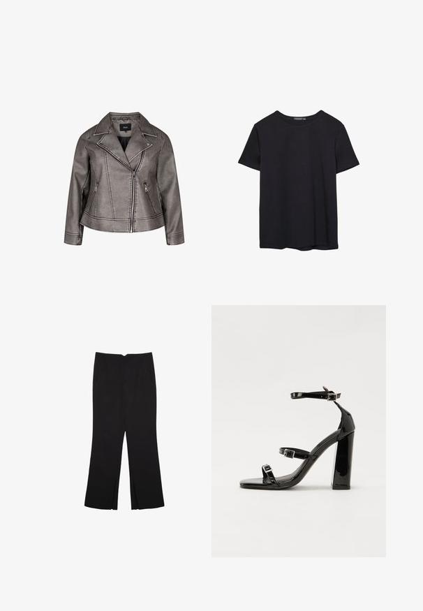 Grå konstläderjacka med notched krage, asymmetrisk dragkedjestängning och dragkedjefickor på sidorna. Har detaljerad sömnad genomgående.; En enkel svart bomulls T-shirt med kort ärm och rund hals, uppvisad på en vit bakgrund.; Svarta byxor med rak passform, utrustade med framfickor och sidoklyvningar vid fållen. Tillverkade av mjukt, slätt tyg. Lämpliga för olika tillfällen.; Svarta lackerade högklackade sandaler med två spännband, fyrkantig tå och en tjock klack, med en slät och glansig yta.