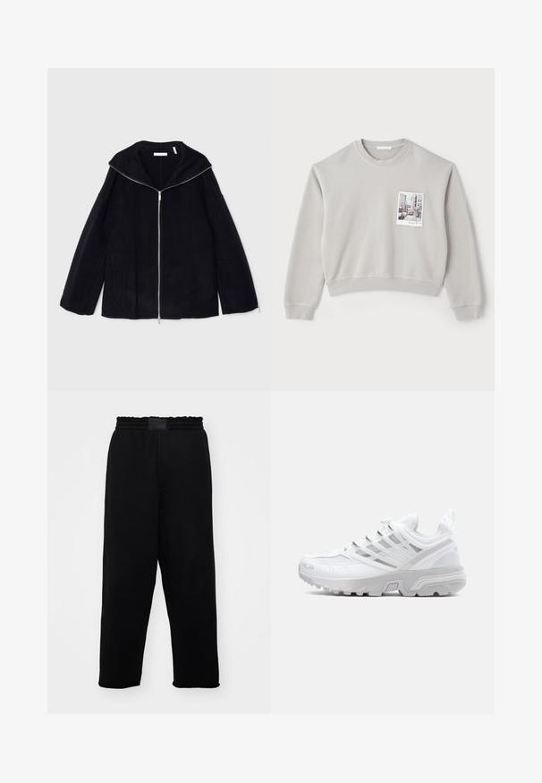 Helmut Lang COCOON ZIP - Veste légère - black; Sweatshirt court gris clair en matière douce, avec une poche avant ornée d'une impression photo. Poignets et ourlet côtelés.; Pantalons de survêtement noirs avec une taille élastique, des poches latérales et une coupe décontractée. Fabriqués à partir d'un tissu doux et lisse avec une texture uni.; Baskets de sport blanches avec un dessus en maille texturée, un design élégant, un bout renforcé et des accents argentés sur le système de laçage et la semelle intermédiaire.