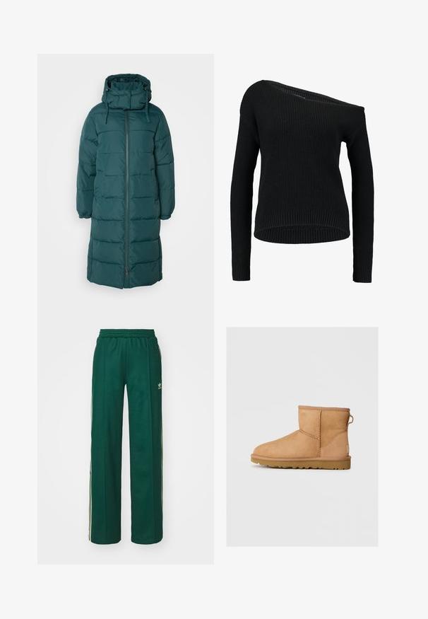 Cappotto imbottito lungo di colore verde scuro con colletto alto, cappuccio regolabile e tasche laterali. Presenta una texture trapuntata e una zip frontale.; Maglione nero lavorato a maglia con scollatura asimmetrica, maniche lunghe e texture a costine, dal taglio rilassato e orlo.; Pantaloni sportivi verde scuro con una vestibilità comoda, dotati di vita con coulisse, tasche laterali e strisce color crema lungo i lati.; Stivali ankle in suede color tan con punta tonda, dettagli cuciti, linguetta sul retro e suola in gomma texture. Progettati per comfort e calore.