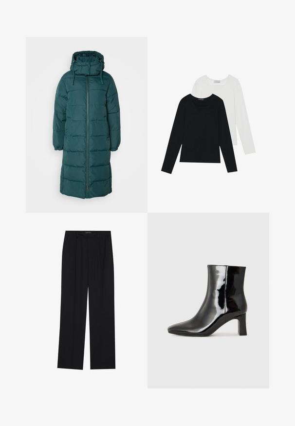 Cappotto imbottito lungo di colore verde scuro con colletto alto, cappuccio regolabile e tasche laterali. Presenta una texture trapuntata e una zip frontale.; Due magliette a maniche lunghe, una nera e una bianca, entrambe con scollo quadrato e realizzate in un tessuto morbido e elasticizzato.; Pantaloni neri con un design a gamba dritta, dotati di due tasche frontali e di una vita. Realizzati in un tessuto morbido e leggero.; Stivaletto in pelle verniciata nera con punta a punta e tacco a blocco di altezza media. Texture liscia e design minimalista.