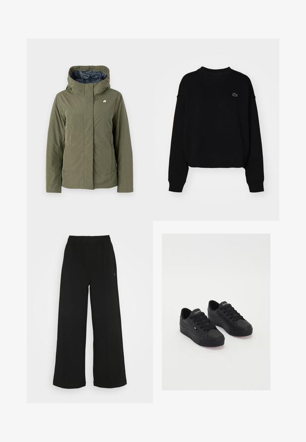 Olivgrüne Jacke mit Kapuze, aus einem glatten Stoff gefertigt. Verfügt über einen Frontreißverschluss, Seitentaschen und ein kleines silbernes Logo auf der linken Brust.; Schwarzer Sweatshirt mit Rundhalsausschnitt, überschnittenen Schultern und gerippten Bündchen. Verfügt über ein kleines gesticktes Logo auf der Brust. Weicher Stoff.; Schwarze weit geschnittene Hose mit einem elastischen Bund. Hergestellt aus einem weichen, leichten Material. Mit vertikalen Nähten an der Vorderseite.; Schwarze Low-Top-Sneaker aus glattem Material, mit dicken Schnürsenkeln, einer strukturierten Sohle und einem kleinen Logo an der Seite und auf der Zunge.