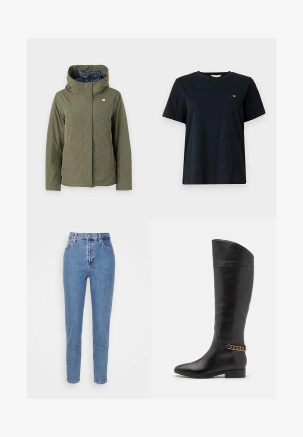 Olijfgroene jas met capuchon, gemaakt van een gladde stof. Heeft een frontzip, zijzakken en een klein zilveren logo op de linkerkant van de borst.; Zwart katoenen t-shirt met korte mouwen, ronde hals en een klein logo detail geborduurd op de linkerborst. Klassieke, ontspannen pasvorm.; Blauwe high-waisted straight-leg jeans met een knoop en rits aan de voorkant, riemlussen en zakken, weergegeven op een effen witte achtergrond.; Hoge zwarte leren laarzen met een slank ontwerp, spitse neus en een gouden kettingaccent bij de enkel. Lage blokhak. Glad textuur.