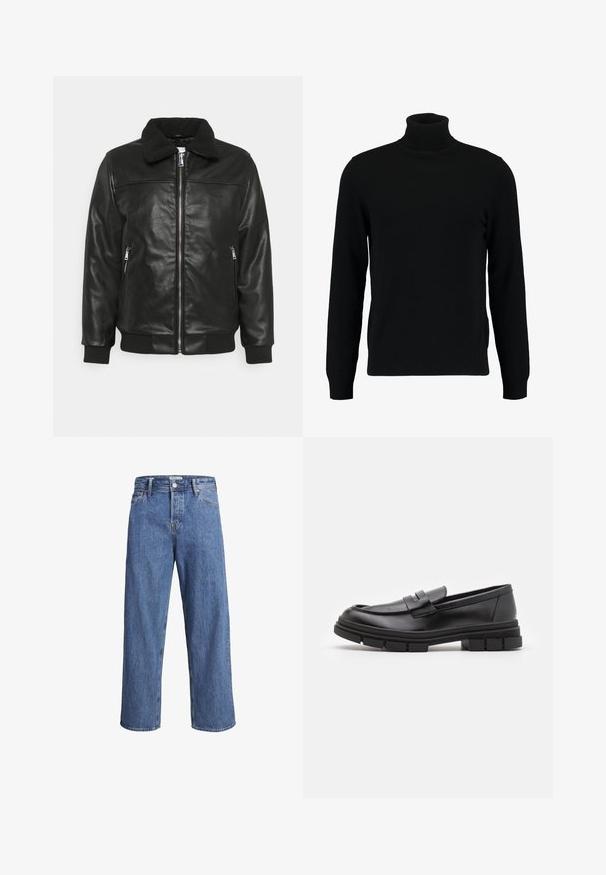 Lindbergh JACKET - Kunstnahast jakk - black; Musta kõrge kaelusega kampsun, mis on valmistatud pehmest kudumist materjalist. Omab pikki varrukaid, soonikpitsiga kaela- ja alumist äärt. Lihtne ja sujuv disain ilma mustriteta.; Heledad sinine teksapüksid sirge säärega, kõrge taljega ja minimaalse õmblustehnikaga. Kangas on pehme ja kergelt pleekinud tekstuuriga.; Mustad musta naha sussid sujuva viimistlusega, esiosal rihmaga detail ning paksu kummitaldaga, mis on kaunistatud soontega.