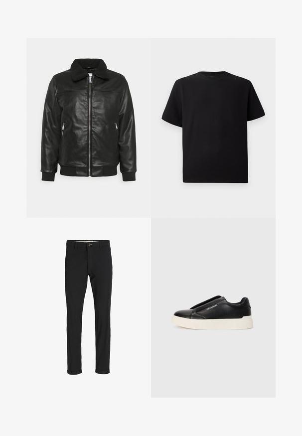 Lindbergh JACKET - Faux leather jacket - black; Black short-sleeve T-shirt made of textured fabric, featuring a round neckline and a relaxed fit. Simple, no patterns or accents.; Black cotton blend pants with a slim fit, featuring a button closure, pockets, and rolled cuffs for a casual finish.; Black slip-on sneaker with textured leather upper, white rubber sole, and no visible laces. Features brand logo on the side.