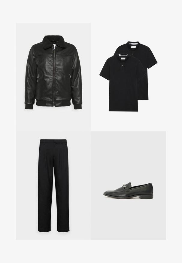 Lindbergh JACKET - Kunstnahast jakk - black; Kaks musta polo särki, lühikeste varrukatega, puuvillane materjal, klassikalise kraega, kahe nupuga kinnitusega, valgete triipudega krae sisepinnal.; Mustad mustadest riietest, millel on sirge jalgade disain, kaks eesmist voltimist ja tavaline vöökoht, millel on vöökohad.; Must haveate nahkking punased, millel on sile viimistlus, tikitud muster ja dekoratiivne metallkett vampi üle. Tasane konts.