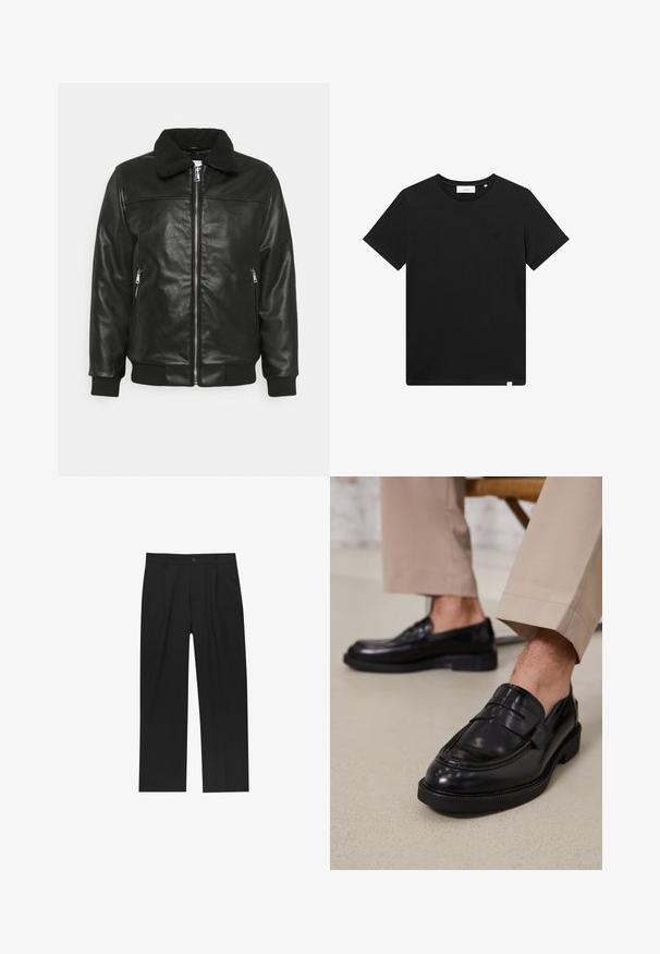 Lindbergh JACKET - Jacka i konstläder - black; Svart kortärmad T-shirt i bomull, med rund hals och en liten logotyp broderad på bröstet. Slät textur, standard passform.; Svarta byxor med rak ben-design, tillverkade av ett jämnt tyg. Har framfickor och en enkel knapplåsning i midjan.; Svarta läder loafers med en slät finish, prydda med en dekorativ rem och kontrastsöm, tillsammans med beiga byxor.