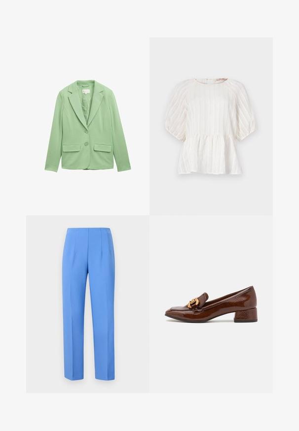 Jasnozielony żakiet wykonany z gładkiego materiału. Posiada klapy w fasonie notched, dwie przednie kieszenie oraz dwa guziki na środku, co nadaje mu dopasowany wygląd.; Biała bluzka z pionowymi paskami, krótkimi bufkami, okrągłym dekoltem i marszczonym dołem w stylu peplum. Wykonana z lekkiego, teksturowanego materiału.; Niebieskie dopasowane spodnie wykonane z gładkiego materiału, z bocznymi kantami, o prostym kroju i czystym pasie. Bez widocznych elementów metalowych czy wzorów.; Brązowe skórzane loafersy o błyszczącym wykończeniu, z dekoracyjnym złotym zapięciem z przodu i niskim obcasem. Klasyczny design.