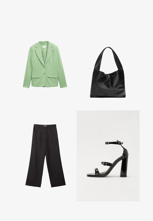 Svijetlozelena blazer jakna izrađena od glatkog materijala. Ima rever sa uzdužnim zareznim rubom, dva prednja džepa i dva dugmeta na sredini, stvarajući elegantan kroj.; Crna majica s kratkim rukavima od mekog materijala, s okruglim izrezom i opuštenim krojem, s glatkom teksturom i bez uzoraka.; Crne hlače širokog kroja izrađene od glatkog materijala, s prednjim patentnim zatvaračem i dva bočna džepa, s prilagođenim fitom i minimalističkim dizajnom.; Crne lakirane sandale na pete sa kvadratnim nosom, trakama oko gležnja i srebrnim kopčama. Imaju čvrst blok petu za stabilnost.; Crna kožna torba s mekanim, opuštenim dizajnom, širokim drškama i glatkom teksturom. Nema vidljive opreme ili ukrasa.